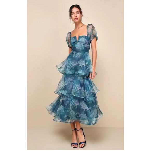 Lulu's Lulus Darling Vision Teal Floral Organza Puff Sleeve Tiered Midi Dress M - Picture 3 of 16
